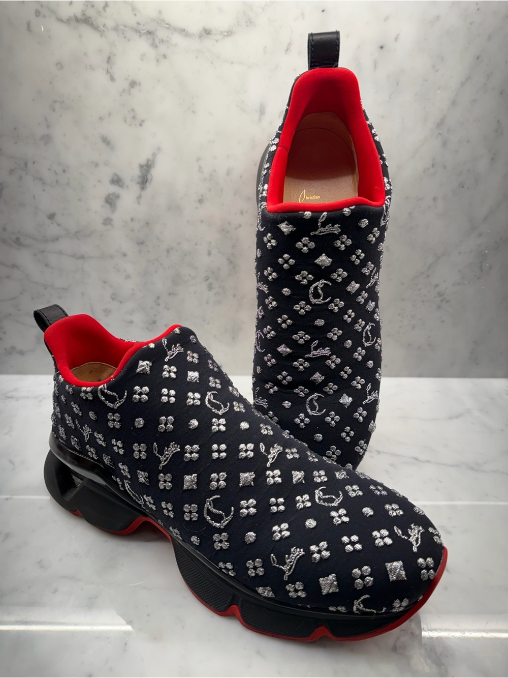 Christian Louboutin Black & Red Crystal-Embellished Slip-On Sneakers